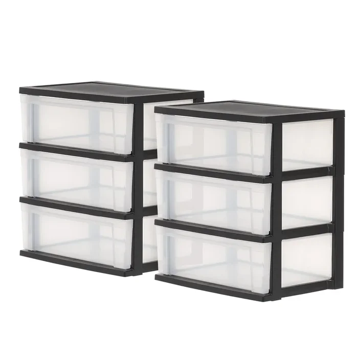 3-Drawer Wide Plastic Storage Drawer, Black, Set of 2