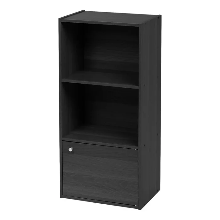 3-Tier Wood Storage Shelf with Door, Black
