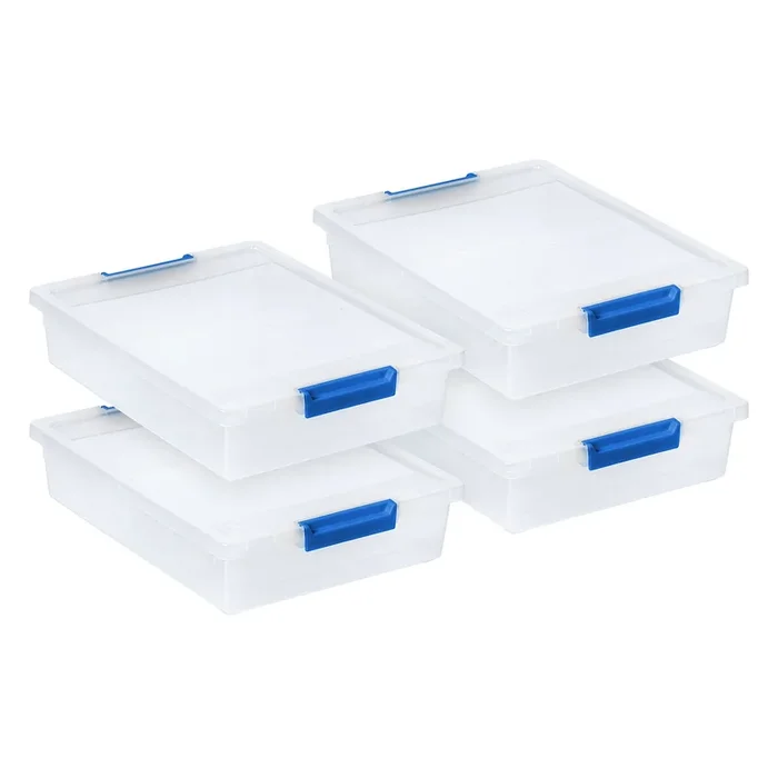 6 Quart Large Clip Box, 4 Pack, Clear Plastic Storage Container Bins with Latching Lids, Organizing Container for Home, Office and School Supplies, Stackable, Seafoam Blue Buckles