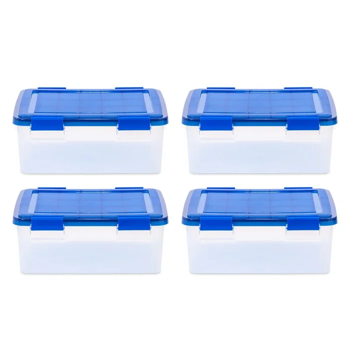 7.6 Gallon Element Resistant Clear Plastic storage Box, Lid Blue, Pack of 4