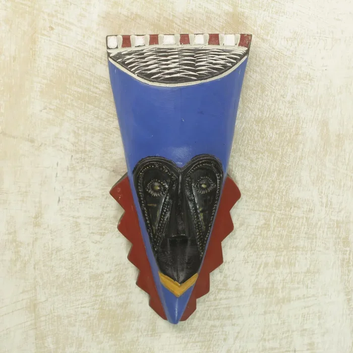 A Wealthy Man Brass Inlay Blue African Mask Hand Carved of Wood