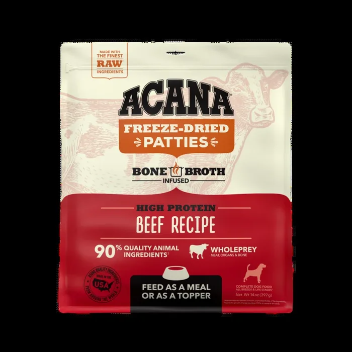 ACANA Freeze Dried Dog Food & Topper, Grain Free, High Protein, Fresh & Raw Animal Ingredients, Ranch Raised Beef Recipe, Patties