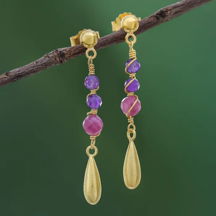 Aria Gold Plated Tourmaline and Amethyst Dangle Earrings