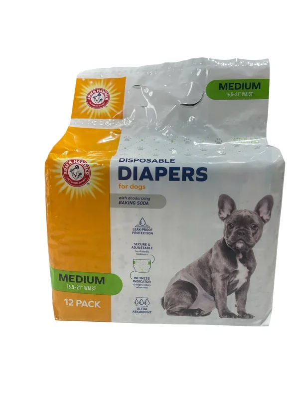 Arm & Hammer for Pets Disposable Female Dog Diapers – Adjustable, Leak Proof, Ultra Absorbent with Wetness Indicator for Urination, Dogs in Heat, Potty Training, and Incontinence, Medium, 12 Count