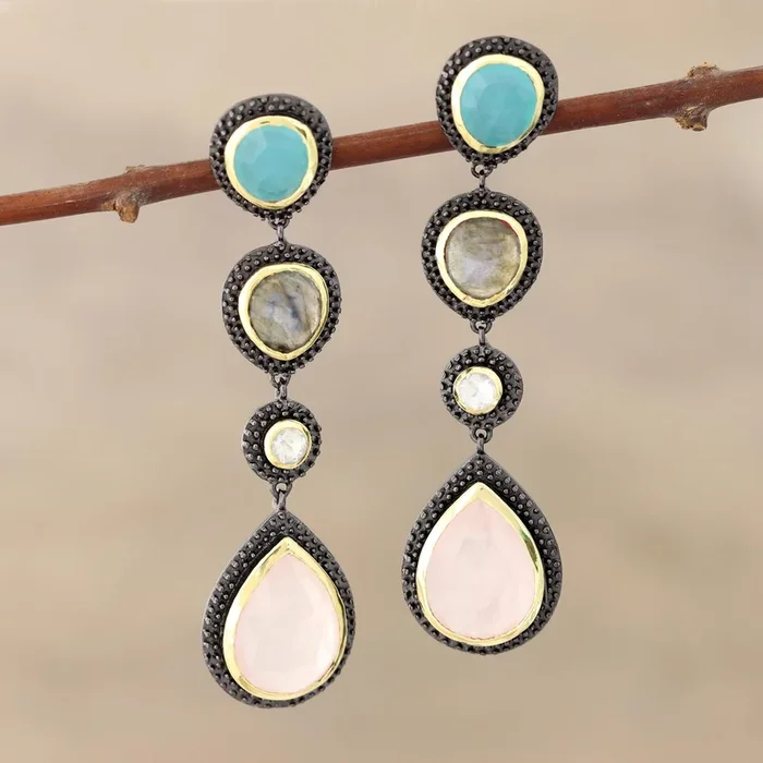 Artist’s Palette Artisan Crafted 925 Silver Gemstone Earrings with 18k Gold