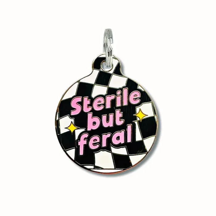 Bad Tags – Funny Dog ID Tag Collar Charm – Sterile but Feral – Small / Engraved QR Code