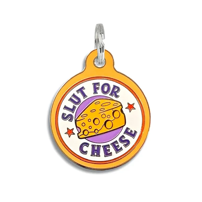 Bad Tags – Funny Dog ID Tag with Personalized QR Code – Slut for Cheese – Engraved QR Code / Large 1.25″