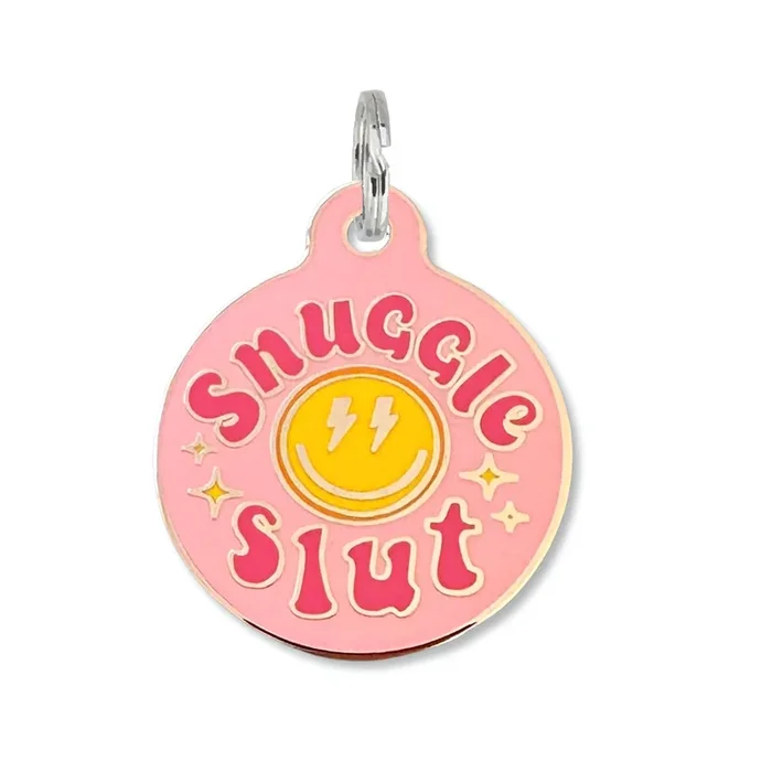 Bad Tags – Funny Dog ID Tag with Personalized QR Code – Snuggle Slut – Pink / Engraved QR Code / Small 1″