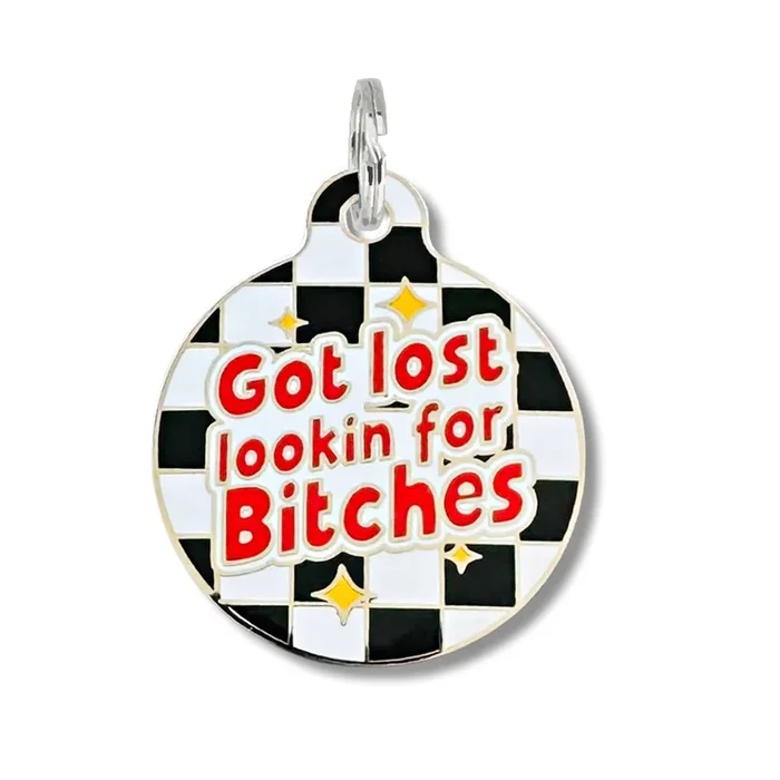 Bad Tags – Funny Dog Tag w/ Scannable QR Code – Looking for Bitches – Engraved QR Code / Large 1.25″