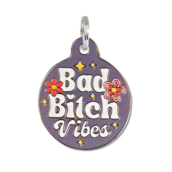 Bad Tags – Personalized Dog ID Tag w/ Scannable Code – Bad Bitch Vibes – Purple / Small 1″ / Engraved QR Code