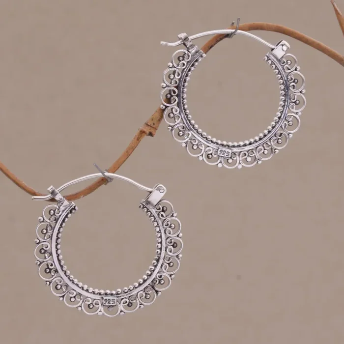 Balinese Lace Sterling Silver Hoop Earrings