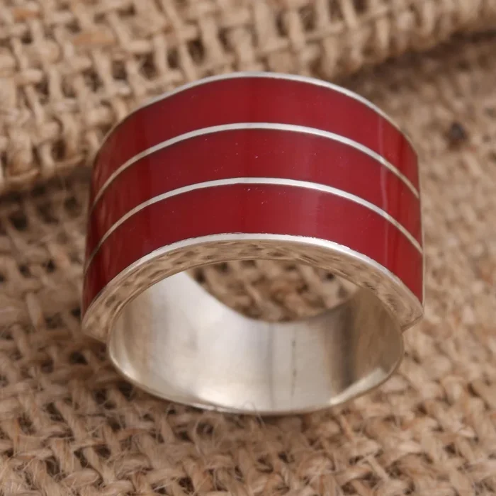 Band of Three – Red Triple Band Ring Red Resin Sterling Silver