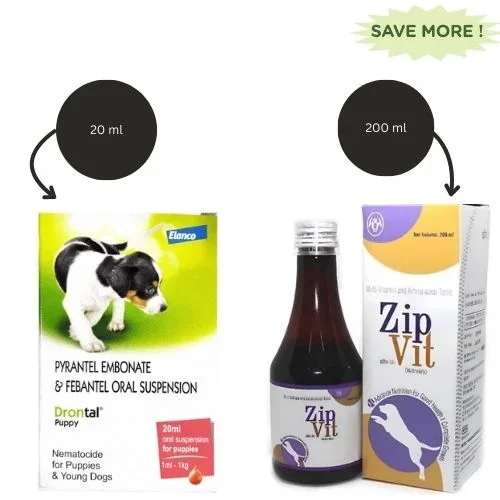 Bayer Drontal Puppy Deworming Suspension 20ml and Intas Zipvit Multi Vitamin Supplement for Dogs and Cats (200ml) Combo