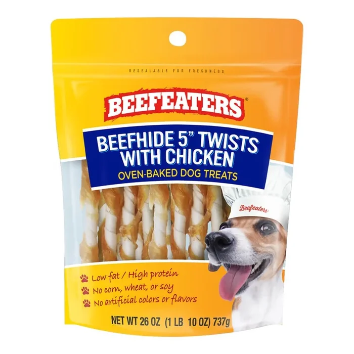 Beefeaters Oven-Baked Beefhide 5″ Twists with Chicken Treats for Dogs