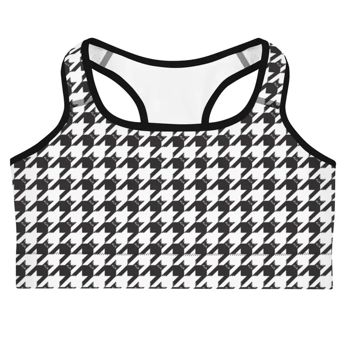 Black Cat Houndstooth All Over Print Sports Bra