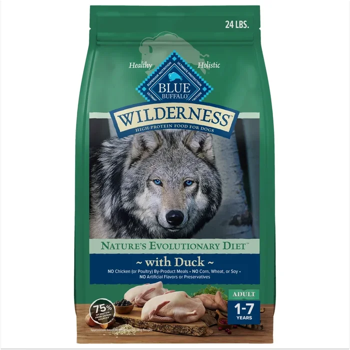 Blue Buffalo Wilderness Natural High-Protein Dry Food for Adult Dogs, with wholesome grains, Duck, 24-lb Bag.