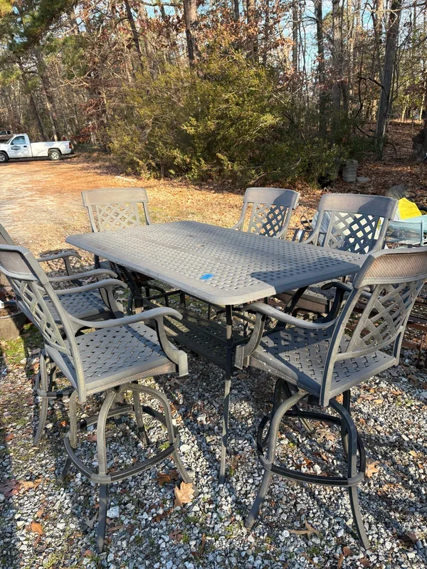Bronze Tone Metal Outdoor High Table and Six Chair Set