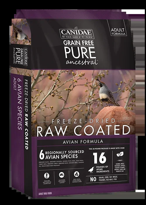Canidae PURE Ancestral Grain Free Avian Recipe with Quail, Chicken, & Turkey Raw Coated Dry Dog Food