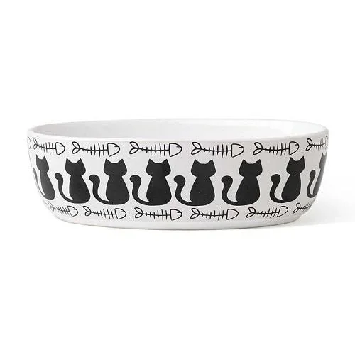 Ceramic Pet Bowl – 7″ Kitty & Fish Bone Oval (Dishwasher Safe)