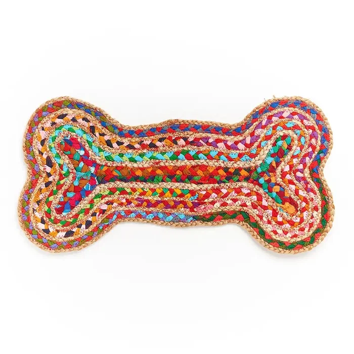 Chindi Rug Dog Bone Pet Food Mat – Assorted, Hand Woven