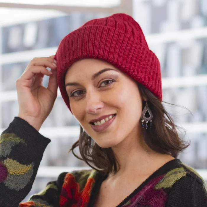 Comfy in Red Crimson Red 100% Alpaca Soft Cable Knit Hat from Peru