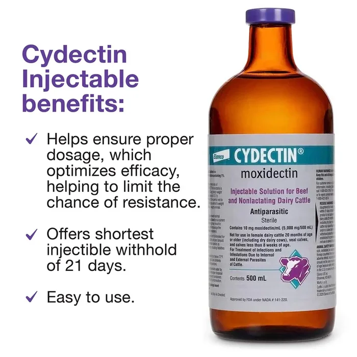 Cydectin Injectable Cattle Dewormer, 500 mL – Moxidectin Broad Spectrum Parasite Control & Applicator