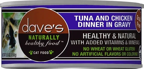 Dave’s Pet Food Naturally Healthy Grain-Free Tuna & Chicken Dinner In Gravy 5.5-oz, Case Of 24, Wet Cat Food