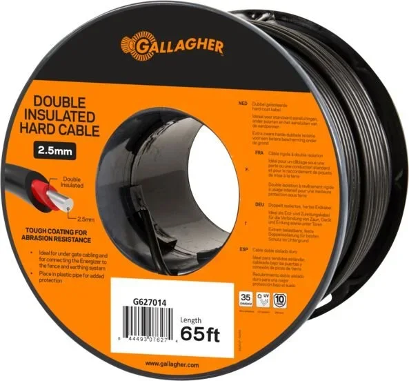 Double Insulated Hard Cable, 12.5 Gauge, 65 ft – Heavy Duty Low Resistance Cable for Under-Gate and Lead-Out Electric Fence Connections