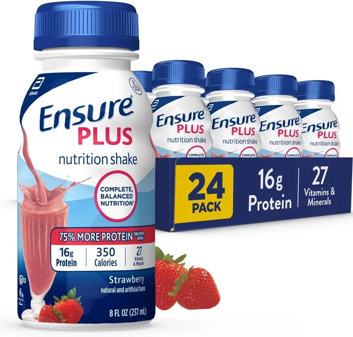 Ensure Plus Strawberry Nutrition Shake | Meal Replacement Shake | Ready To Drink | 16g Protein and 27 Vitamins and Minerals | 8 fl oz – 24 Pack