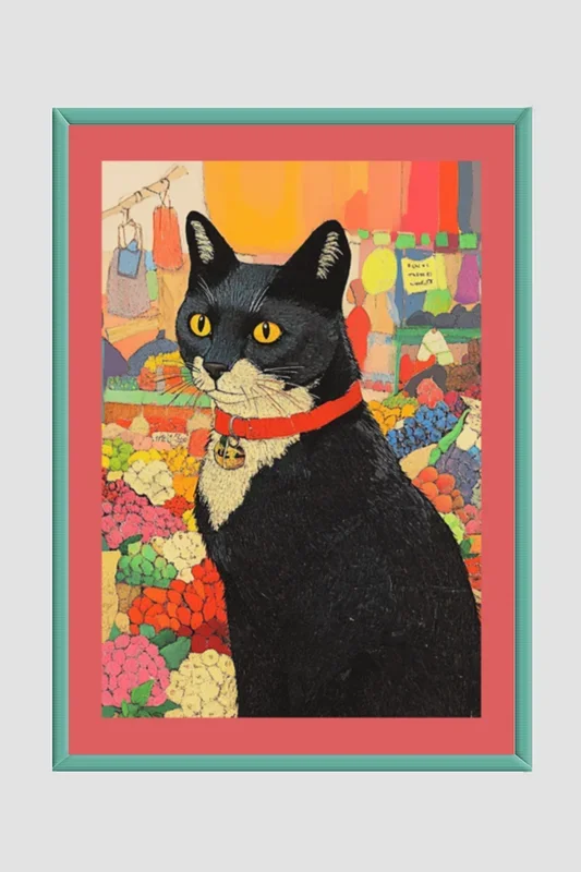 EverythingBoho Cat in Local Market Framed Art (Bottle Green)