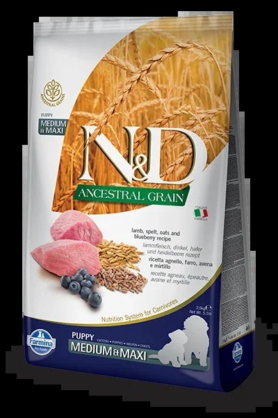 Farmina N&D Ancestral Grain Canine Lamb & Blueberry Puppy Medium & Maxi Food