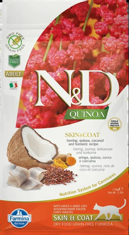 Farmina N&D Quinoa Skin & Coat – Herring, Quinoa, Coconut and Turmeric Dry Cat Food, 11-lb Bag