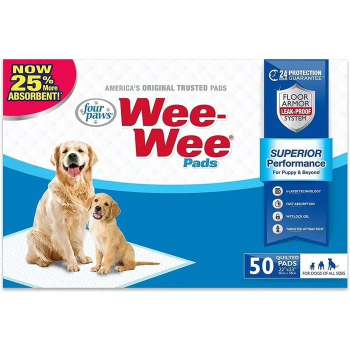 Four Paws Wee-Wee Pads 50 Pack 22″x23″ 6-Layer Floor Armor Dog Training Pads