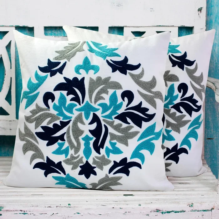 Fresh Leaves Embroidered Cotton Cushion Covers Made in India (Pair)