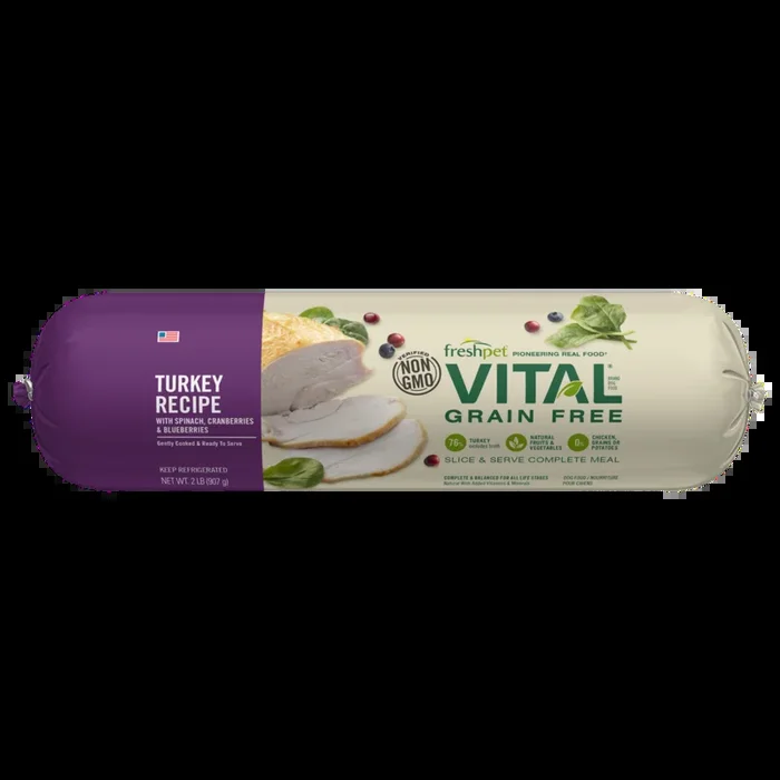 Freshpet Vital Grain Free Turkey Recipe, Gently Cooked Dog Food, 2-lb Roll