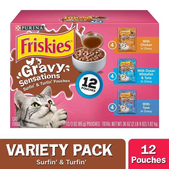 Friskies Gravy Sensations Surfin’ & Turfin’ Favorites Wet Cat Food Pouches, 3-oz Pouch, Case of 12