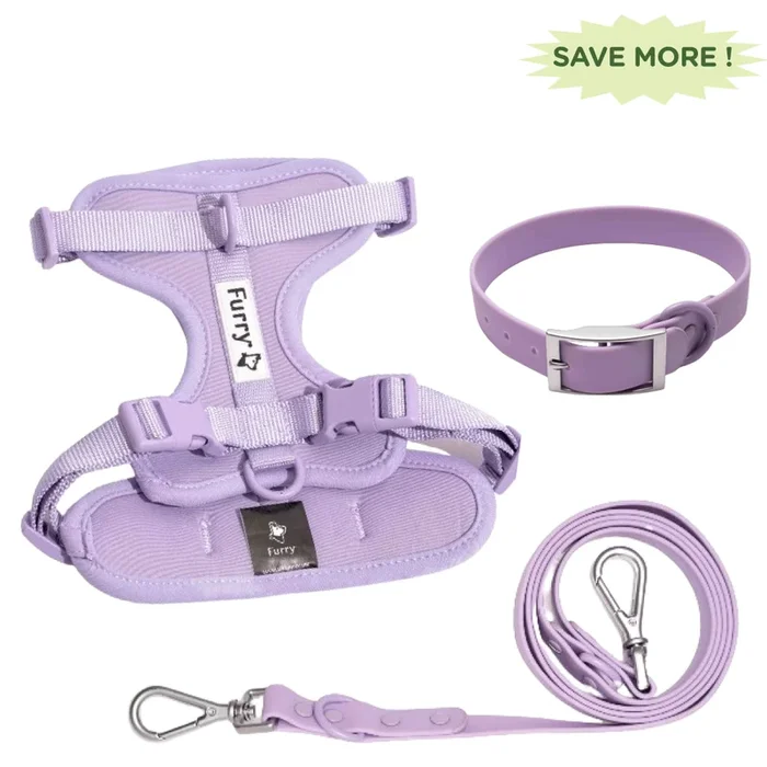 Furry & Co Bold Harness, Collar and Leash for Dogs Combo (Lilac)