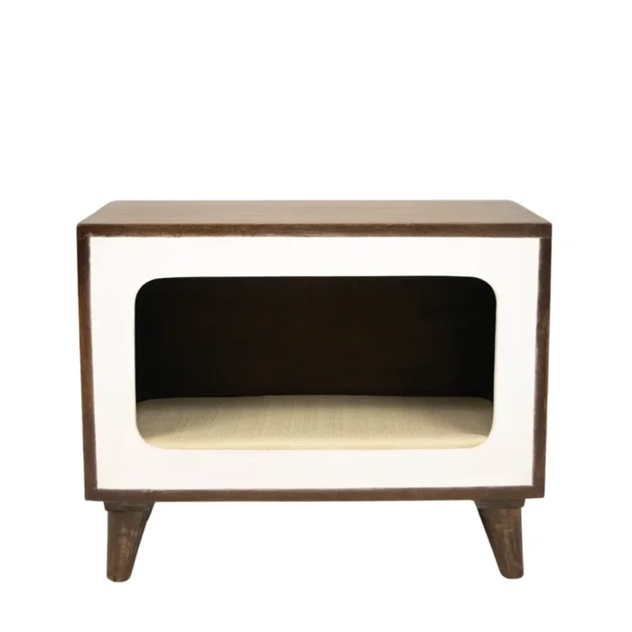 FurryLiving Telly Side Table with Cushion for Small Dogs and Cats (Dark Brown/Cream Cushion)