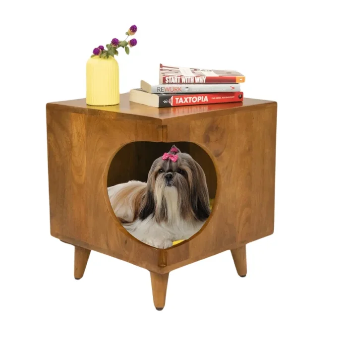 FurryLiving Wally Side Table with Cushion for Small Dogs and Cats (Honey/Red Cushion)