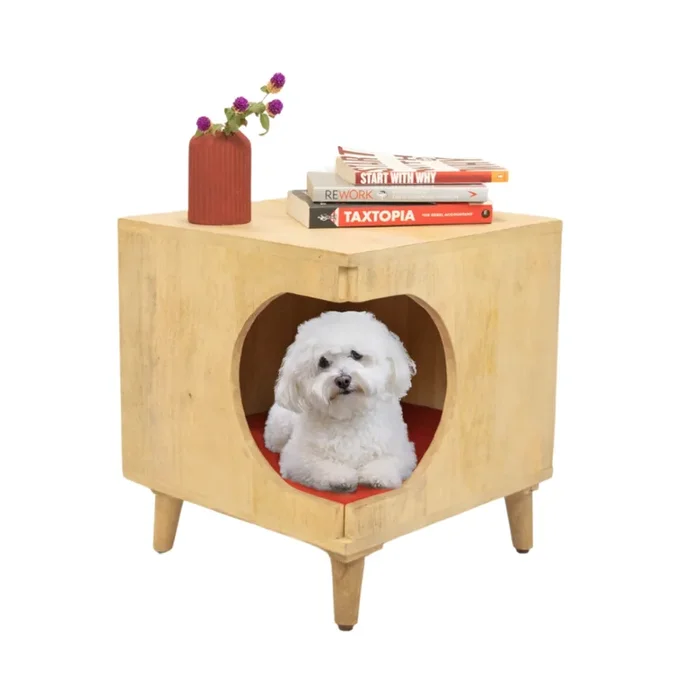 FurryLiving Wally Side Table with Cushion for Small Dogs and Cats (Oak/Yellow Cushion)