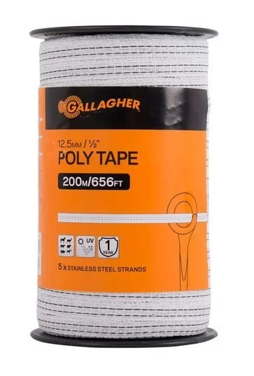 Gallagher 1/2″ Poly Tape, 656 ft – Lightweight Electric Fence Tape, Five Conductive Strands, Lightweight and UV-Resistant, Ideal for Horses and Livestock on Short Fence Lines