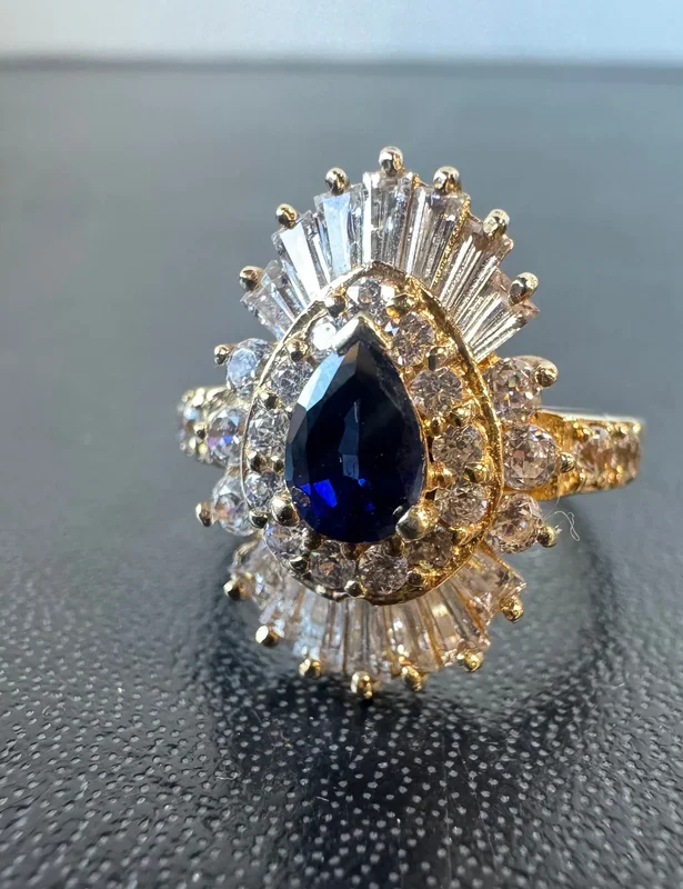 Gatsby-Style 14K Gold Ring with Pear Shaped Sapphire and Double Halo Round & Baguette Diamonds SIZE 6