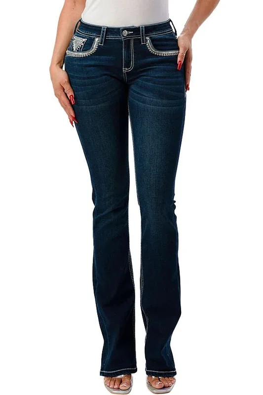 Grace in LA Women’s Western Aztec Embellished Mid Rise Bootcut Jeans