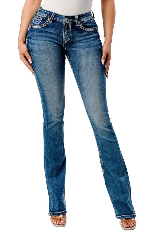 Grace in LA Women’s Western Steer Head Embroidered Mid Rise Bootcut Jeans