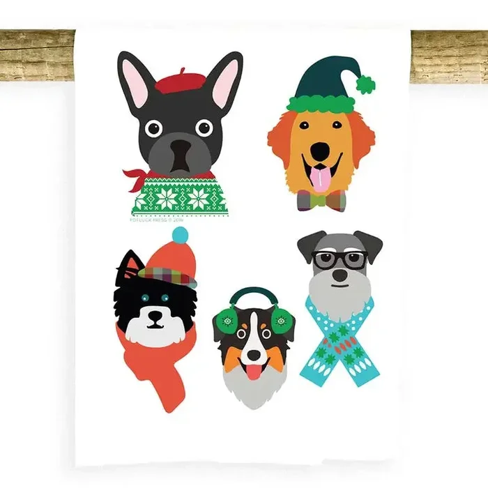Holiday Dog Characters Tea Towel