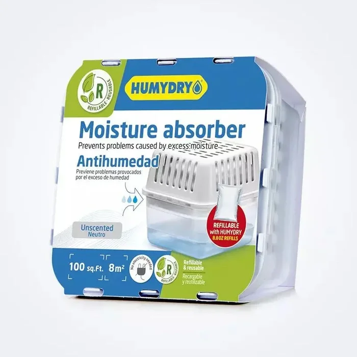 Humydry Compact 8.8 oz Moisture Absorber Device – Refillable Unscented Dehumidifier for Small Rooms