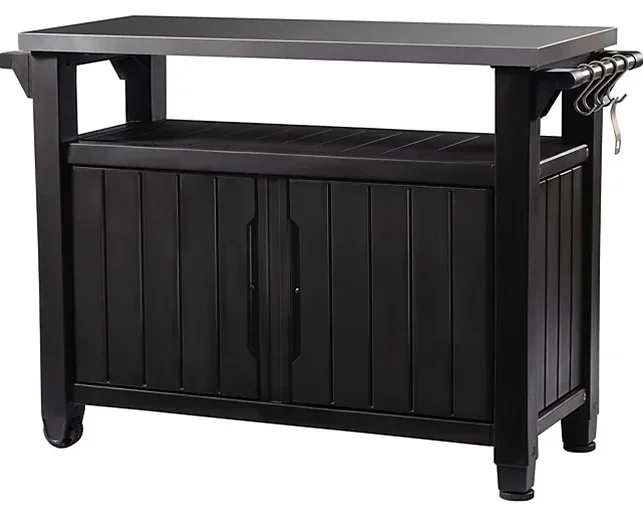 Keter Outdoor Entertainment Storage Station Grilling Table, Non-Brushed Brown