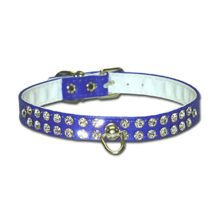 Leather Brothers – Collar Vinyl W/ Rhinestones 2 Rows & Center Swivel Ring Blue