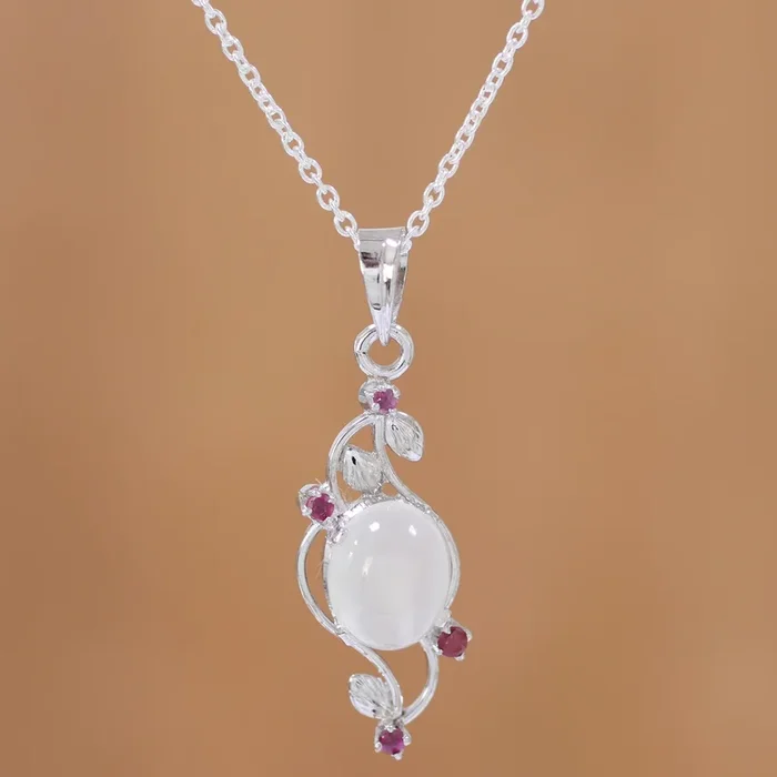 Moonlight Revel Moonstone and Ruby Sterling Silver Pendant Necklace