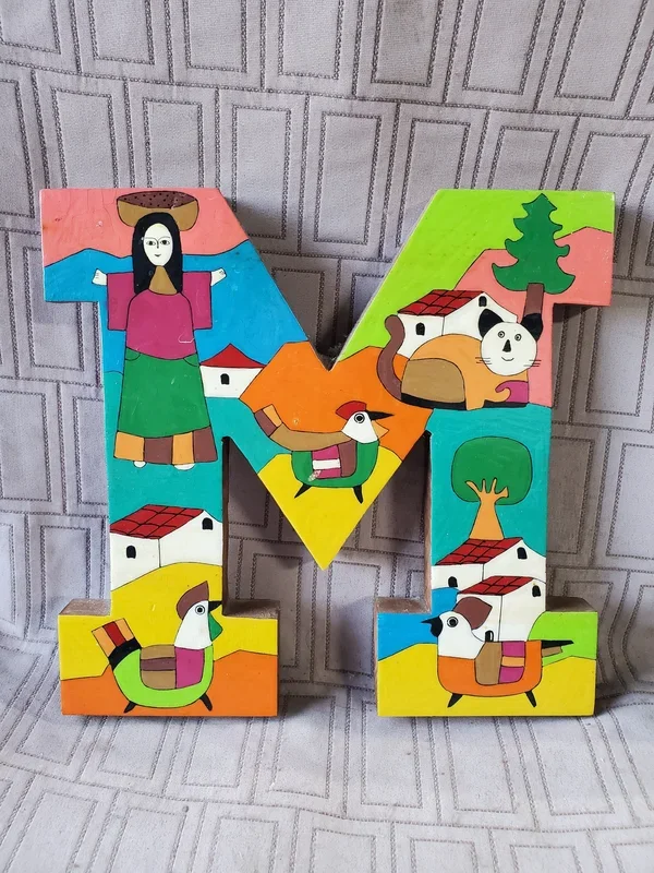Painted Wood Letter “M” Wall Plaque